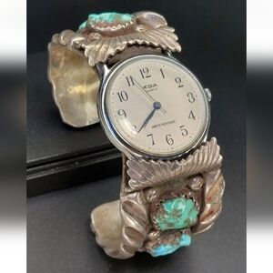 Vintage Navajo Sterling Watch Cuff Signed Wayne C Turquoise Native American 925